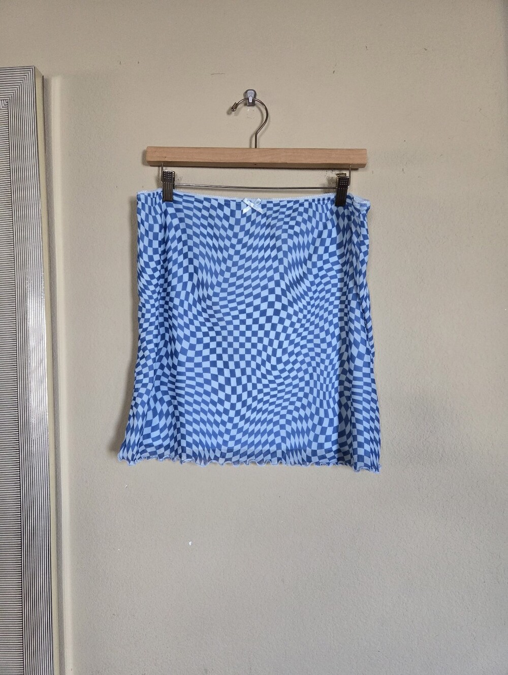 Wild Fable Blue Checkerboard Wavy Mini Skirt Lettuce Hem